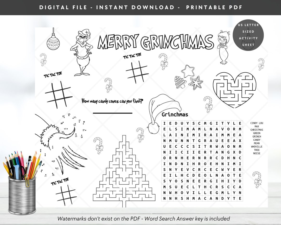 Grinch Activity Sheet Grinch Placemat Grinch Game Etsy