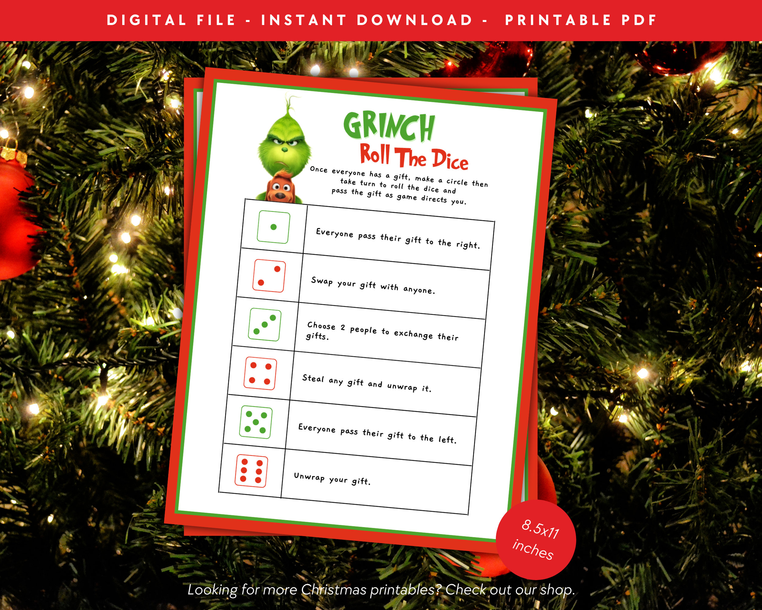 Grinch Christmas Gift Exchange, Dice Game, Christmas Party Games