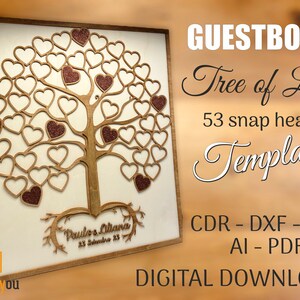 May include: Wooden guestbook with a Tree of Life design. The tree features 53 heart-shaped cutouts, some with glitter accents. The names "Paulo & Allana" and the date "23 Setembro 23" are engraved at the base. The words "GUESTBOOK", "Tree of Life", and "Template" are also visible.