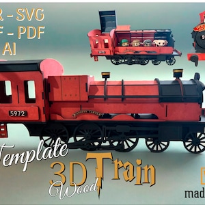 以下が含まれることがあります： ホグワーツ特急の赤と黒の3Dモデル。列車には「ホグワーツ特急」と「5972」のラベルが貼られています。モデルは木でできており、組み立てられます。画像には「テンプレート3Dトレインウッド」と「madebyou」のテキストが含まれています。