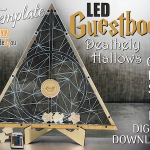 May include: A wooden triangle shaped LED guestbook with a black and white geometric design. The design includes a circle with the letters "D+R" inside. The text "LED Guestbook Deathly Hallows CDR DXF SVG AI PDF DIGITAL DOWNLOAD" is on the right side of the image.