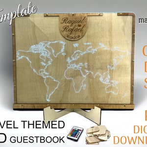 Libro degli ospiti a LED a tema viaggio con scatola per decorazioni per matrimoni. Decorazione in legno, cartello del libro degli ospiti per matrimoni e altri eventi.