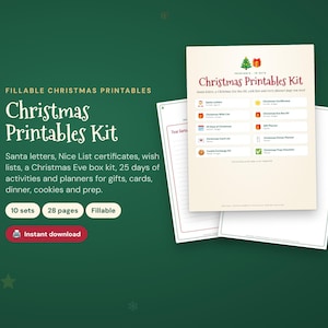 Pode incluir: Um kit de imprimíveis de Natal com uma coleção de documentos, incluindo cartas ao Pai Natal, listas de desejos e planeadores. O kit contém 10 conjuntos e 28 páginas, com texto detalhando várias atividades e listas festivas.