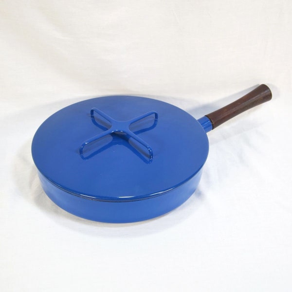 1960s Dansk Kobenstyle Blue Skillet Pan With Lid and Wooden Handle