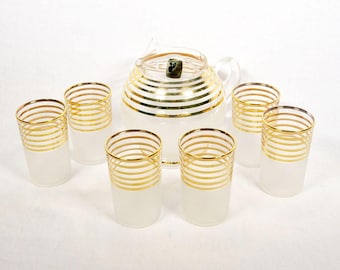 Brocca da cocktail smerigliata Corning Beverage Ware degli anni '50 e 6 bicchieri nella scatola originale