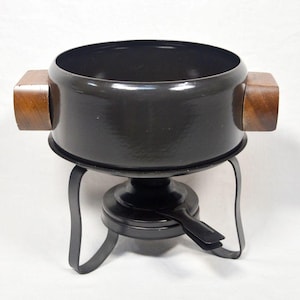 1960s Black Enamel Fondue Pot With Wooden Block Handles