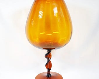 1960s Empoli Amber Diamond Optic Brandy Snifter With Spiral Stem