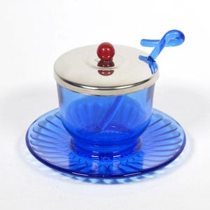 1930s Cobalt Blue Glass Condiment Jar And Spoon With Chrome Lid