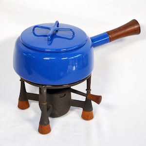 1960s Dansk Købenstyle by Jens Quistgaard Blue Enamel Fondue Pot and Stand