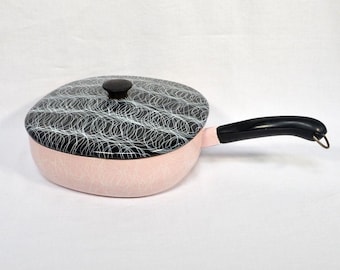 Padella e coperchio in smalto rosa e nero per spaghetti Serendipity anni '50