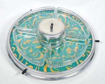 1940s Aluminum and Glass Lazy Susan With Green and Gold Filigree Top