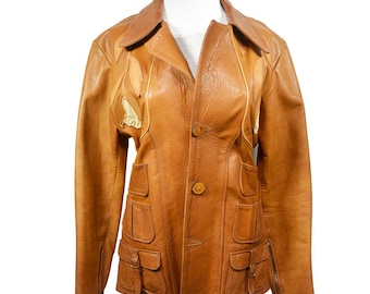 Giacca in pelle con applicazioni floreali degli anni '70, stile East West Musical Instruments