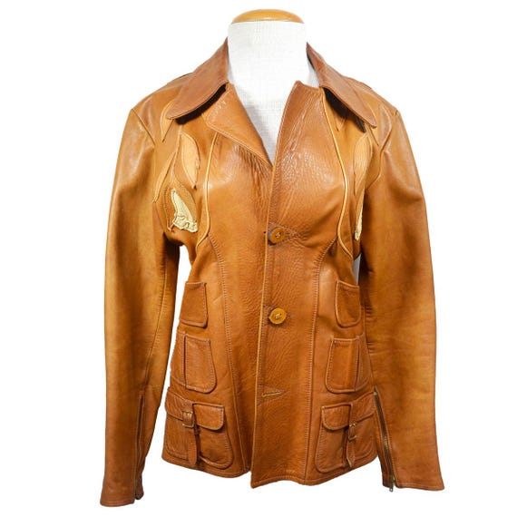 1970s East West Musical Instruments Leather Jacket With Floral Appliqués