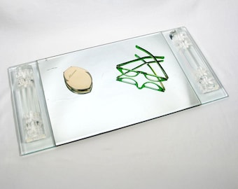 1940s Large Mirrored Vanity Tray With Lucite Handles With White Flowers