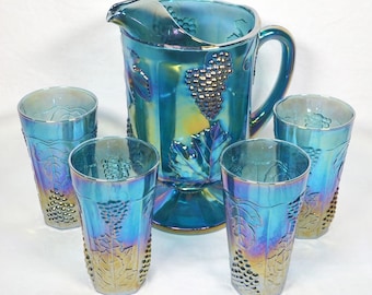 1970s Indiana Harvest Grape Blue Iridescent Carnival Glass Pitcher and 4 Glasses
