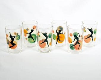 1940s 6pc Anchor Hocking Dancing Nude Silhouette Glasses