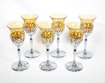 1930s Farber Bros 6pc Amber and Chrome Stemmed Cocktail Glasses