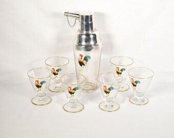 Shaker per cocktail in vetro Empress Ware degli anni '40, dipinto a mano, con 6 bicchieri dipinti a mano