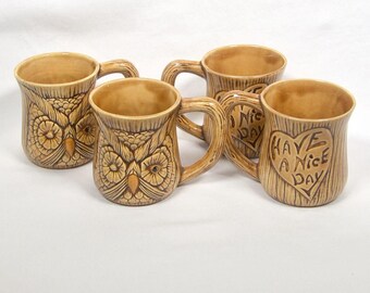 1970s 4pc Ceramic Hand Painted Have A Nice Day Owl Mug