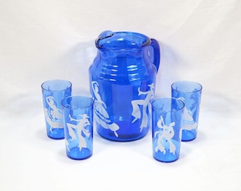 Brocca e 4 bicchieri Hazel Atlas blu cobalto con ballerini di flamenco, anni '30