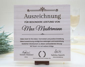 Massiver Award und Trophäe aus Massivholz, personalisierter eigener Text Logo, Ehrentafel, Auszeichnung, Firmenjubiläum, Bestandene Prüfung
