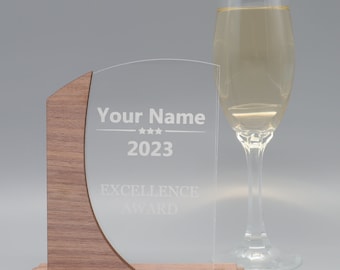 Modern noble trophy, personalized own text or logo, valuable walnut wood and acrylic - medal - cup - award - elegant