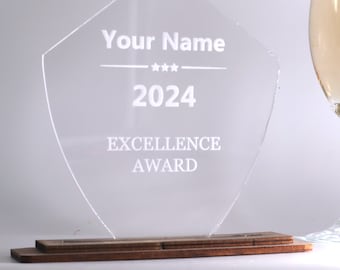 Moderner Award, Trophäe, eigener Text und Logo personalisiert, Nussbaum, klares Acrylglas mit Gravur, Pokal, Auszeichnung, Turnier Preis