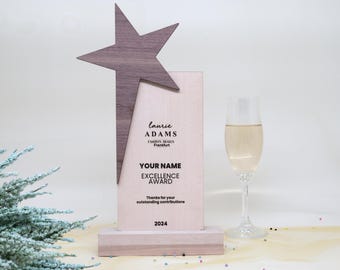 Personalized star award, employee anniversary, text logo font engraving, trophy, award, distinction, honor, recognition, award ceremony