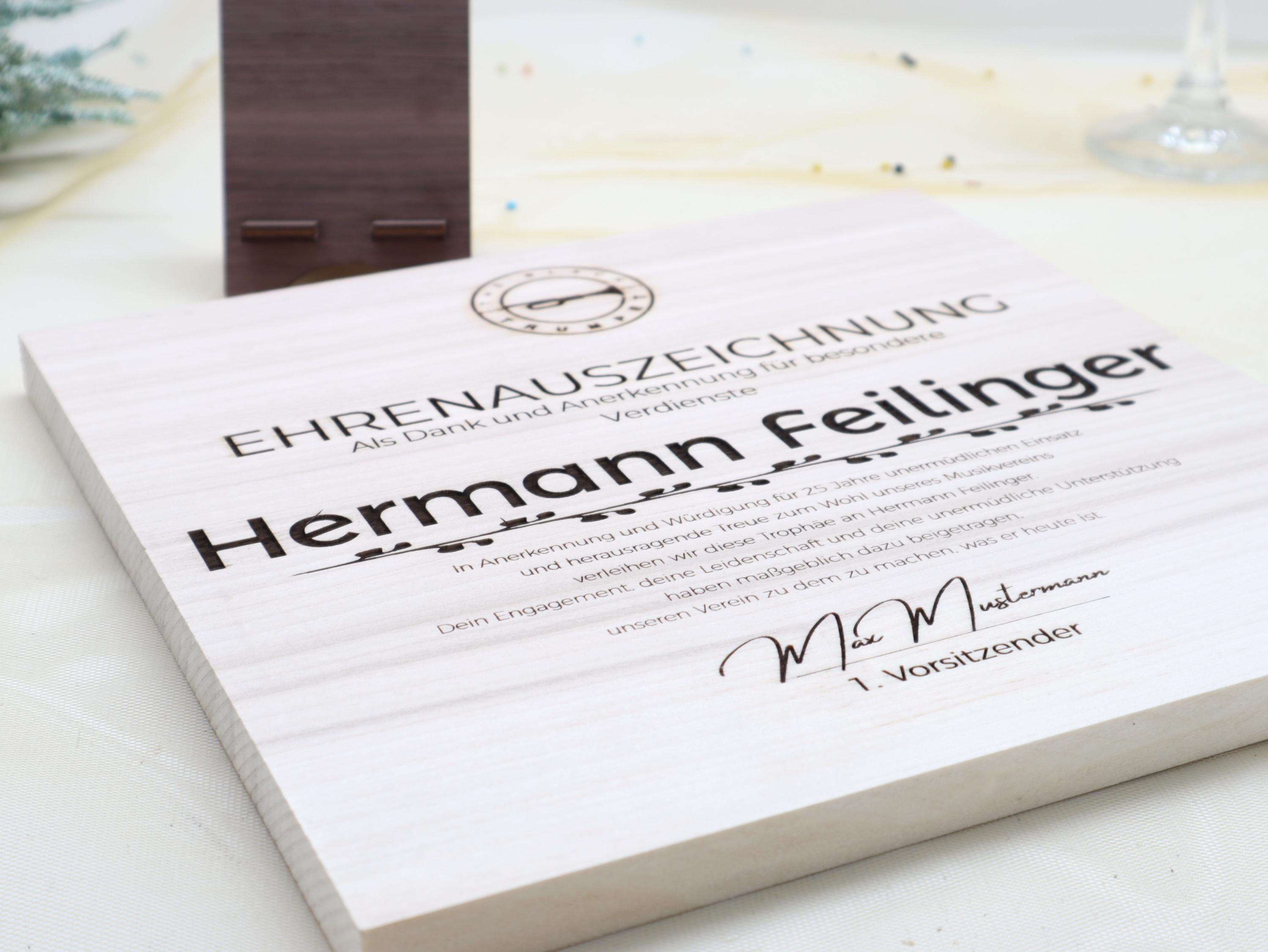 Award Trophäe aus Massivholz, personalisierter eigener Text und Logo, Ehrentafel, Auszeichnung, Firmenjubiläum, Bestandene Prüfung, Holz