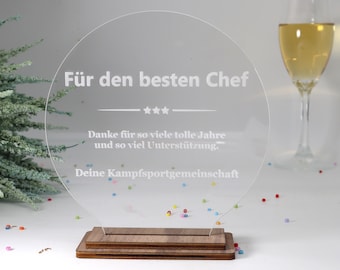 Moderne edle runde Trophäe, personalisierter Award, wertvolles Nussbaum Holz und Acrylglas, Medaille, Pokal, Firmen Auszeichnung