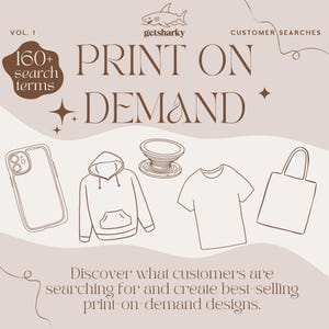 Könnte beinhalten: Eine Grafik, die eine Vielzahl von Produkten zeigt, die auf Anfrage bedruckt werden können, darunter ein Handy-Case, ein Hoodie, ein Pop Socket, ein T-Shirt und eine Tragetasche. Der Text "160+ Suchbegriffe" und "DRUCK AUF ANFRAGE" ist ebenfalls in der Grafik enthalten.