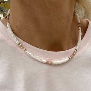 White Surfer Shell Necklace with Pink Opal and Rose Quartz – Handmade Unisex Beach Jewelry, Natural Stone Necklace