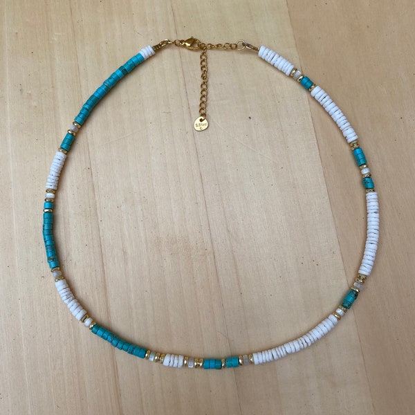Turquoise/shell surfer necklace. White heishi necklace. Beach necklace. Gift for men and women.