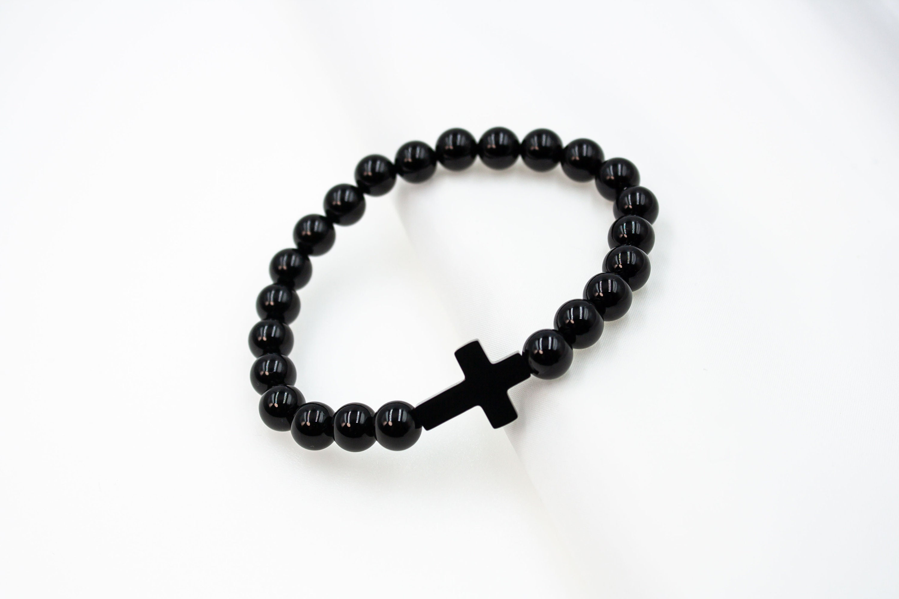 Men's Natural Stone Bracelet with Black Onyx Gemstone Cross