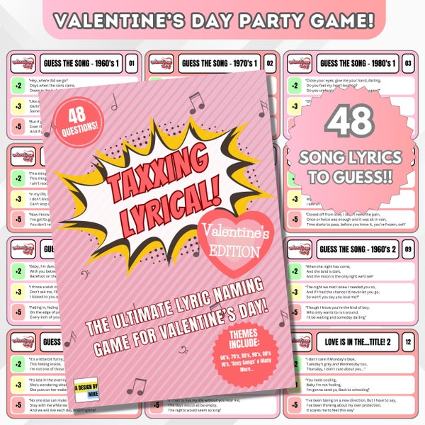 Valentijnsdag Raad de songtekst Afdrukbaar spel | Belastend lyrisch! Valentijnseditie | Muziek Trivia Bordspel | Galentine's Day Quiz