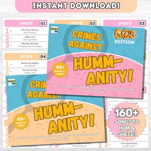 1960s 1970s Song Naming Game Bundle | Crimes Against Humm-Anity! 60&#39;s & 70&#39;s Editions | Music Board Game | For Parties Game Nights Birthdays