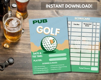 Pub Golf | Bar Crawl Golf Score Card | Instant Download & Printable 6 or 9 Hole Score Card | For Birthday Celebrations |Stag/Bachelor Party