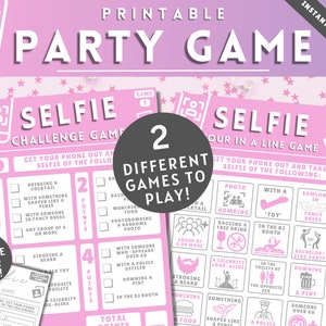 Può includere: Due carte da gioco per feste stampabili rosa con il titolo "Selfie Challenge Game" e "Selfie Tour in a Line Game". Ogni carta ha un elenco di sfide selfie da completare per ottenere punti. Le carte sono decorate con stelle rosa e un'icona del telefono.