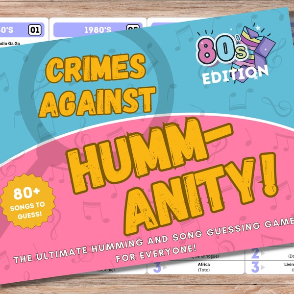 Fun 1980's Song Naming Game | Crimes Against Humm-Anity! 80's Edition | Music Board Game | Great Idea For Parties, Family Nights, Birthdays!