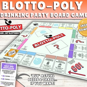 Könnte beinhalten: Ein Brettspiel namens "Blotto-Poly" mit weißem Hintergrund und bunten Feldern. Das Spiel ist ein Trinkspiel mit dem Slogan "Buy, Trade...Get Blottoed!!". Das Spielbrett enthält eine Chancekarte, eine Challengekarte und ein "Go!" Feld. Das Spiel beinhaltet Eigentumsurkunden für "Mick's Moonshine" und "West End Penthouse".