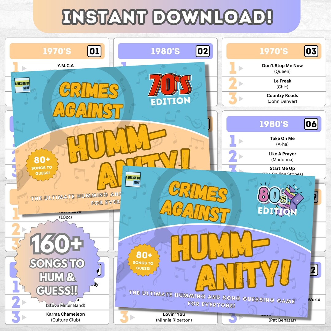 1970s 1980s Song Naming Party Game Bundle | Crimes Against Humm-anity ...
