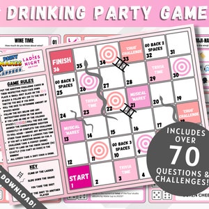 May include: A pink and white game board with a snake and ladder design. The board includes a title "Drinking Party Game" and instructions for playing the game. The game includes over 70 questions and challenges.