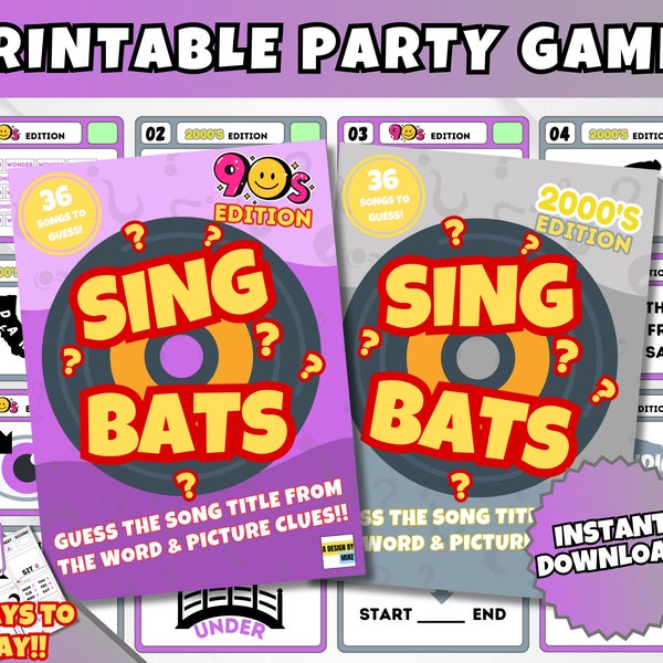 Printable Dingbats Puzzle Party Game Bundle | 'Singbats' 1990s & 2000s Editions | Music Trivia | Instant Download | Rebus Puzzle Challenge