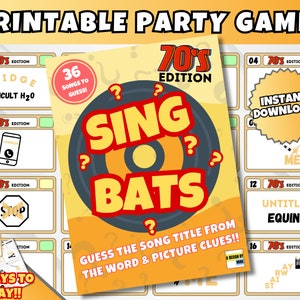 Party Puzzle Dingbats Imprimable | Édition des années 1970 « Singbats » | Jeu de société sur la musique | Téléchargement instantané | Défi Puzzle Rébus