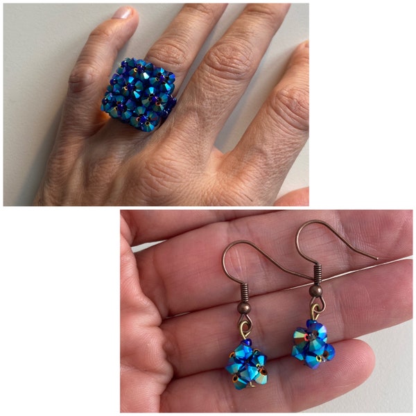 Lote de joyería de cristal anillo y pendientes azul eléctrico brillante, joya preciosa alucinante, bisutería boho