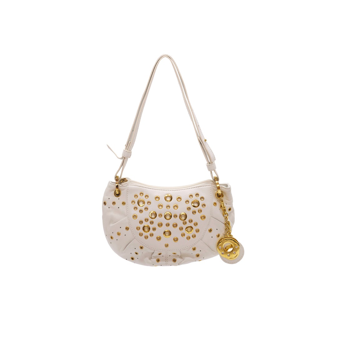 2000s Blumarine Handbag in White Leather Decorated With Golden Metal