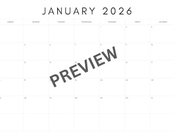 Calendario mensual minimalista 2026: A4, A3, Carta, Libro mayor (Descarga digital)