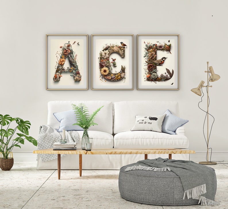Floral Name Wall Art, Custom Initial Print, Capital Letter Wall Art, Calligraphy Letter Wall Art ...