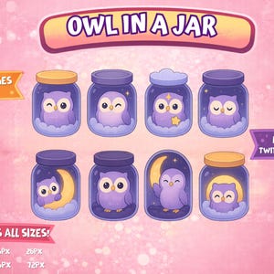 Könnte beinhalten: Eine Sammlung von Cartoon-Eulen-Designs in Gläsern, vor einem rosa Hintergrund. Der Text "OWL IN A JAR" steht oben. Das Bild enthält den Text "SUB BADGES + EMOTES" und "READY FOR TWITCH + DISCORD".