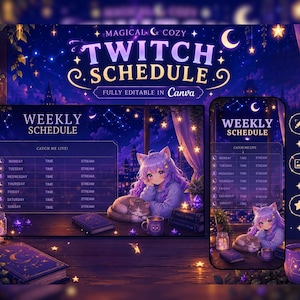 Peut inclure: Un modèle de planning Twitch numérique sur le thème d'un ciel nocturne violet avec un personnage aux oreilles de chat, des étoiles et des lunes. Il comprend un tableau hebdomadaire, le texte "Magical & Cozy Twitch Schedule" et "Fully Editable in Canva."